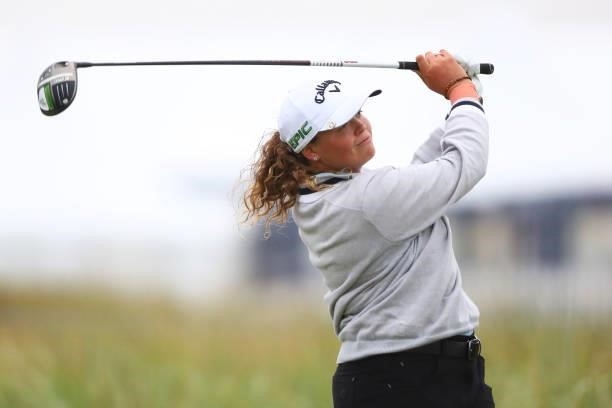 Kirsten Rudgeley of Australia plays a shot during Day One of the AIG Women's Open at Carnoustie Golf Links on August 19, 2021 in Carnoustie, Scotland.