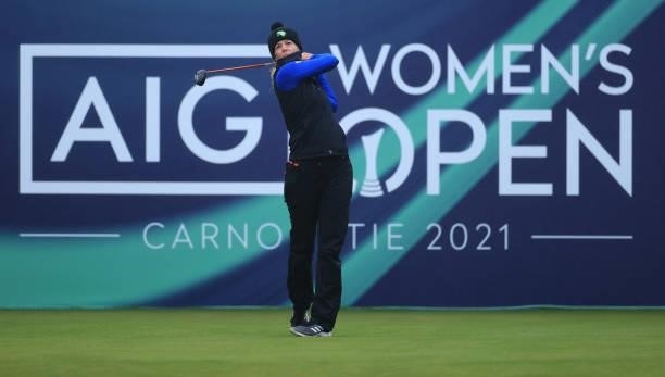 Amy Olson of The United States tees off on the first hole during Day One of the AIG Women's Open at Carnoustie Golf Links on August 19, 2021 in...