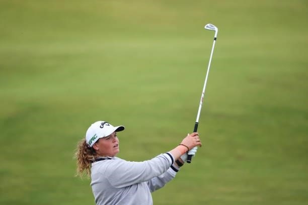 Kirsten Rudgeley of Australia plays her second shot on the second hole during Day One of the AIG Women's Open at Carnoustie Golf Links on August 19,...