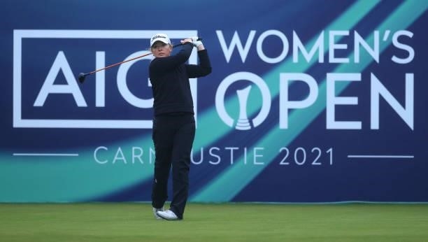 Bronte Law of England tees off on the first hole during Day One of the AIG Women's Open at Carnoustie Golf Links on August 19, 2021 in Carnoustie,...
