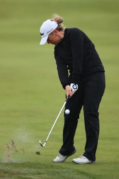 Bronte Law of England plays her second shot on the second hole during Day One of the AIG Women's Open at Carnoustie Golf Links on August 19, 2021 in...
