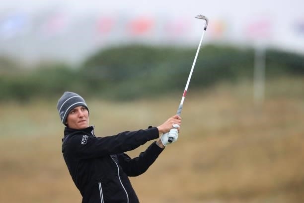 Anne van Dam of The Netherlands plays her second shot on the second hole during Day One of the AIG Women's Open at Carnoustie Golf Links on August...