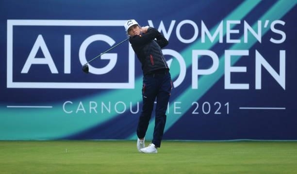 Mel Reid of England tees off on the first hole during Day One of the AIG Women's Open at Carnoustie Golf Links on August 19, 2021 in Carnoustie,...