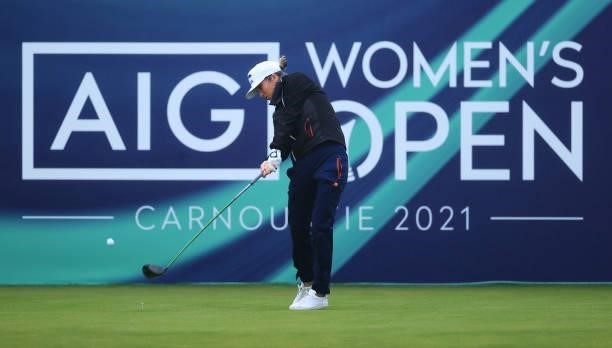 Mel Reid of England tees off on the first hole during Day One of the AIG Women's Open at Carnoustie Golf Links on August 19, 2021 in Carnoustie,...