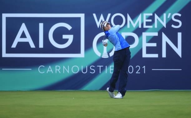 Aline Krauter of Germany tees off on the first hole during Day One of the AIG Women's Open at Carnoustie Golf Links on August 19, 2021 in Carnoustie,...