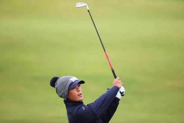Celine Boutier of France plays her second shot on the second hole during Day One of the AIG Women's Open at Carnoustie Golf Links on August 19, 2021...