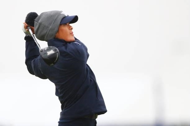 Celine Boutier of France plays a shot during Day One of the AIG Women's Open at Carnoustie Golf Links on August 19, 2021 in Carnoustie, Scotland.