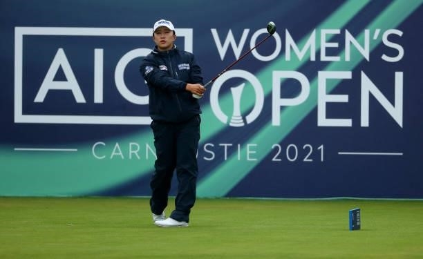 Amy Yang of South Korea on the first tee during the first round of the AIG Women's Open at Carnoustie Golf Links on August 19, 2021 in Carnoustie,...