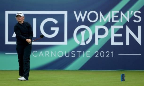 Bronte Law of England tees off on the first hole during the first round of the AIG Women's Open at Carnoustie Golf Links on August 19, 2021 in...