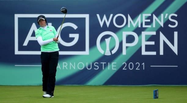 Stacy Lewis of The United States tees off on the first hole during the first round of the AIG Women's Open at Carnoustie Golf Links on August 19,...