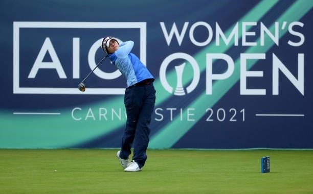 Aline Krauter of Germany on the first tee during the first round of the AIG Women's Open at Carnoustie Golf Links on August 19, 2021 in Carnoustie,...