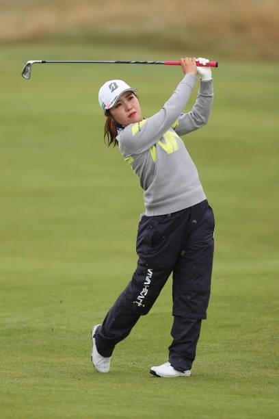 Ayaka Furue of Japan plays her second shot on the second hole during Day One of the AIG Women's Open at Carnoustie Golf Links on August 19, 2021 in...