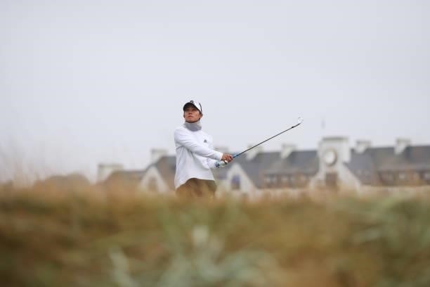 Danielle Kang of The United States plays her second shot on the first hole during Day One of the AIG Women's Open at Carnoustie Golf Links on August...
