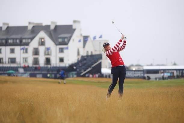 Charley Hull of England plays her second shot on the first hole during Day One of the AIG Women's Open at Carnoustie Golf Links on August 19, 2021 in...