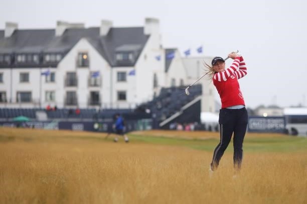 Charley Hull of England plays her second shot on the first hole during Day One of the AIG Women's Open at Carnoustie Golf Links on August 19, 2021 in...