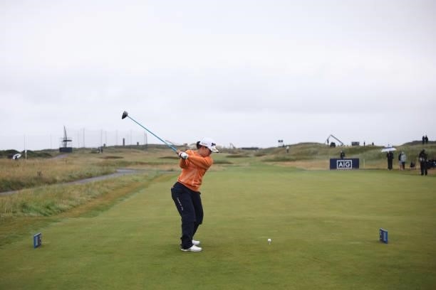 Nasa Hataoka of Japan tees off on the second hole during Day One of the AIG Women's Open at Carnoustie Golf Links on August 19, 2021 in Carnoustie,...