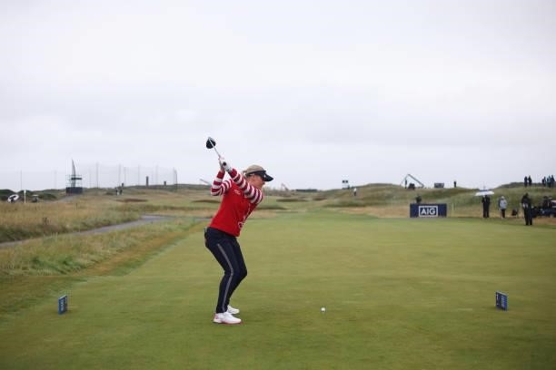 Charley Hull of England tees off on the second hole during Day One of the AIG Women's Open at Carnoustie Golf Links on August 19, 2021 in Carnoustie,...