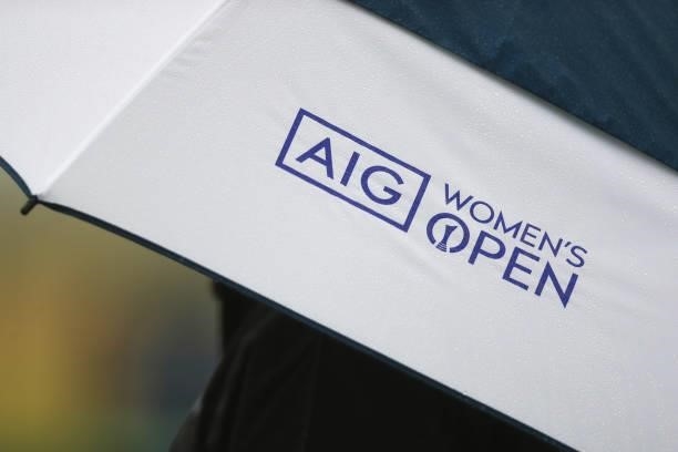 Detailed view of rain droplets on an AIG Women's Open umbrella during Day One of the AIG Women's Open at Carnoustie Golf Links on August 19, 2021 in...