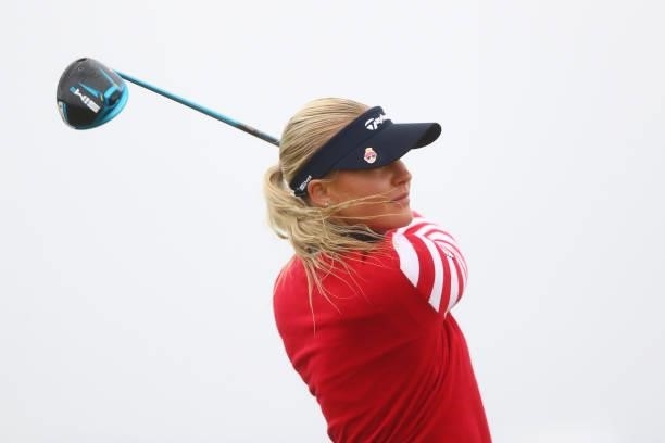 Charley Hull of England plays a tee shot during Day One of the AIG Women's Open at Carnoustie Golf Links on August 19, 2021 in Carnoustie, Scotland.