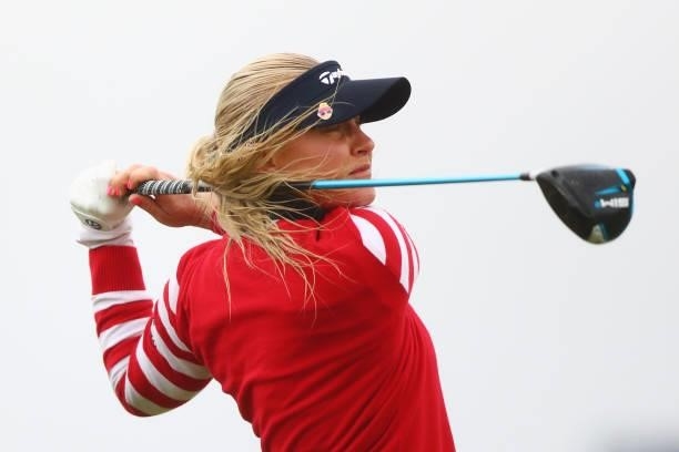 Charley Hull of England plays a tee shot during Day One of the AIG Women's Open at Carnoustie Golf Links on August 19, 2021 in Carnoustie, Scotland.
