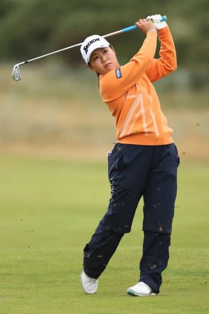 Nasa Hataoka of Japan plays her second shot on the second hole during Day One of the AIG Women's Open at Carnoustie Golf Links on August 19, 2021 in...