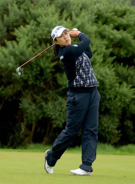 Amy Yang of South Korea on the 9th tee during the first round of the AIG Women's Open at Carnoustie Golf Links on August 19, 2021 in Carnoustie,...