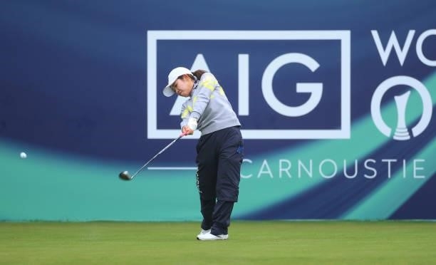 Ayaka Furue of Japan tees off on the first hole during Day One of the AIG Women's Open at Carnoustie Golf Links on August 19, 2021 in Carnoustie,...