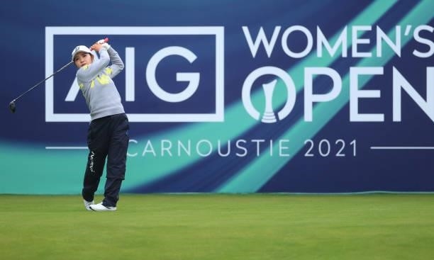 Ayaka Furue of Japan tees off on the first hole during Day One of the AIG Women's Open at Carnoustie Golf Links on August 19, 2021 in Carnoustie,...