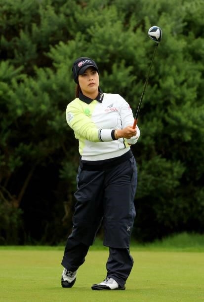 Moriya Jutanugarn of Thailand tees off on the 9th hole during the first round of the AIG Women's Open at Carnoustie Golf Links on August 19, 2021 in...