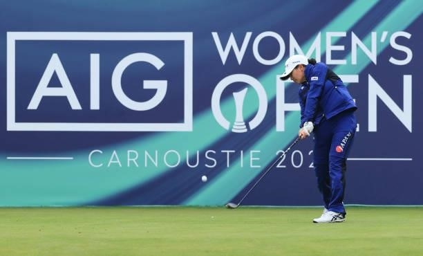 Tsubasa Kajitani of Japan tees off on the first hole during Day One of the AIG Women's Open at Carnoustie Golf Links on August 19, 2021 in...