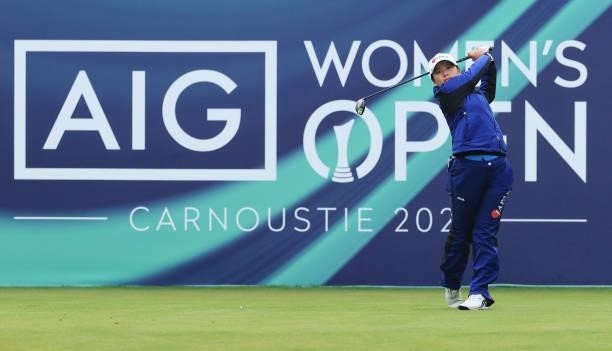 Tsubasa Kajitani of Japan tees off on the first hole during Day One of the AIG Women's Open at Carnoustie Golf Links on August 19, 2021 in...