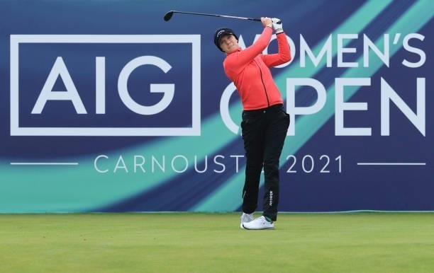 Madelene Sagstrom of Sweden tees off on the first hole during Day One of the AIG Women's Open at Carnoustie Golf Links on August 19, 2021 in...