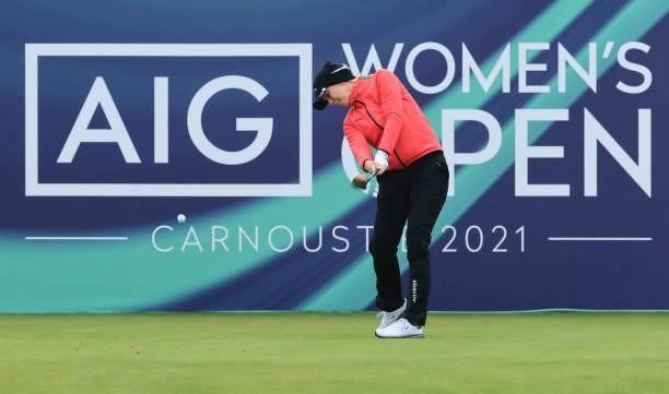 Madelene Sagstrom of Sweden tees off on the first hole during Day One of the AIG Women's Open at Carnoustie Golf Links on August 19, 2021 in...