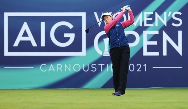 Catriona Matthew of Scotland tees off on the first hole during Day One of the AIG Women's Open at Carnoustie Golf Links on August 19, 2021 in...