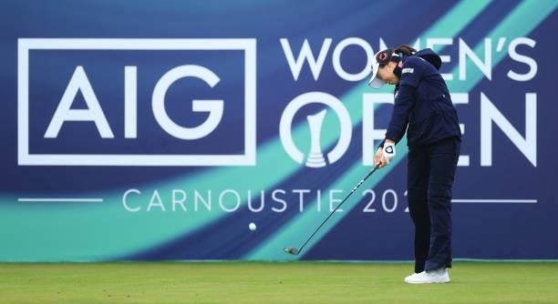 Mi Jung Hur of South Korea tees off on the first hole during Day One of the AIG Women's Open at Carnoustie Golf Links on August 19, 2021 in...