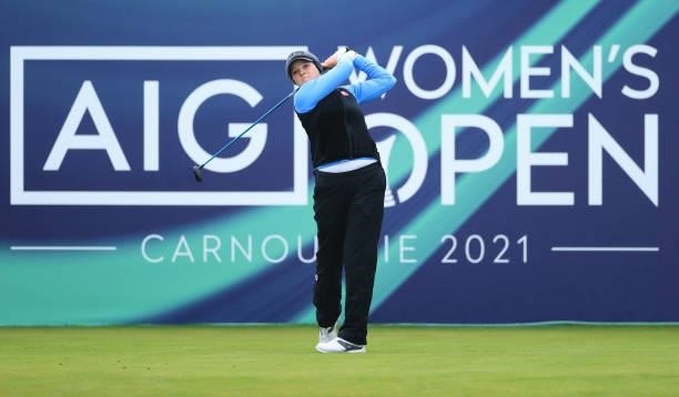 Ally Ewing of The United States tees off on the first hole during Day One of the AIG Women's Open at Carnoustie Golf Links on August 19, 2021 in...