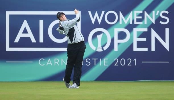 Jennifer Kupcho of the United States tees off on the first hole during Day One of the AIG Women's Open at Carnoustie Golf Links on August 19, 2021 in...