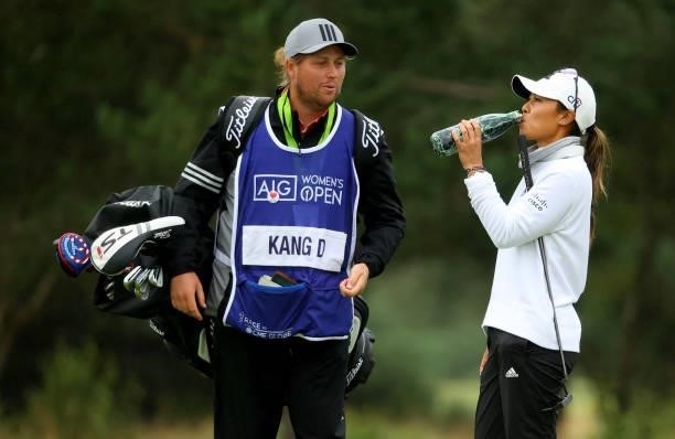Danielle Kang of The United States and her caddie Ollie Brett during the first round of the AIG Women's Open at Carnoustie Golf Links on August 19,...