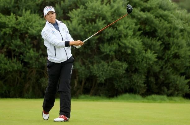 Lim Kim of South Korea on the 9th tee during the first round of the AIG Women's Open at Carnoustie Golf Links on August 19, 2021 in Carnoustie,...