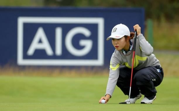 Ayaka Furue of Japan on the 8th green during the first round of the AIG Women's Open at Carnoustie Golf Links on August 19, 2021 in Carnoustie,...