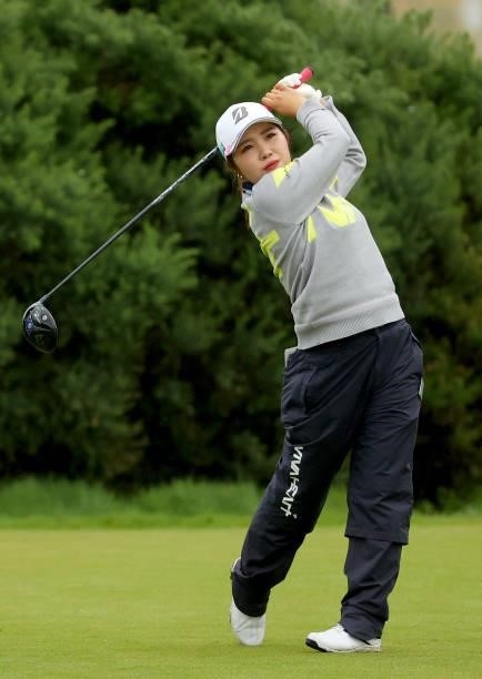 Ayaka Furue of Japan on the 9th tee during the first round of the AIG Women's Open at Carnoustie Golf Links on August 19, 2021 in Carnoustie,...