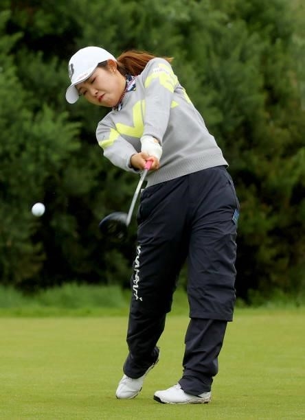 Ayaka Furue of Japan on the 9th tee during the first round of the AIG Women's Open at Carnoustie Golf Links on August 19, 2021 in Carnoustie,...