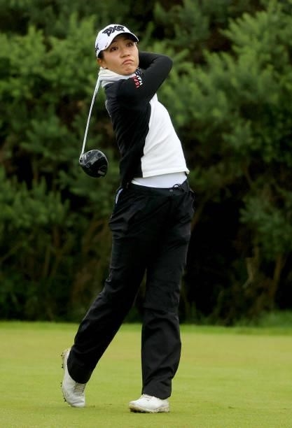 Lydia Ko of New Zealand on the 9th tee during the first round of the AIG Women's Open at Carnoustie Golf Links on August 19, 2021 in Carnoustie,...