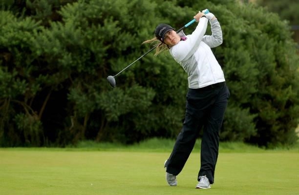 Jennifer Kupcho of The United States on the 9th tee during the first round of the AIG Women's Open at Carnoustie Golf Links on August 19, 2021 in...