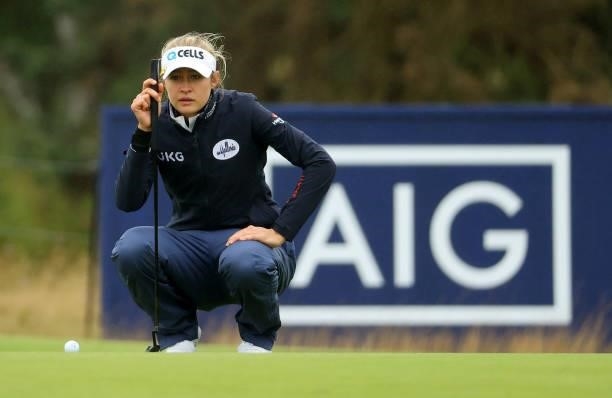 Nelly Korda of The United States on the 8th green during the first round of the AIG Women's Open at Carnoustie Golf Links on August 19, 2021 in...
