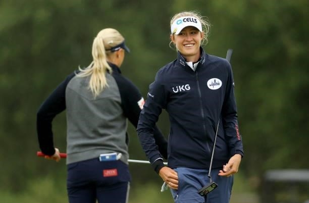 Nelly Korda of The United States on the 8th green during the first round of the AIG Women's Open at Carnoustie Golf Links on August 19, 2021 in...