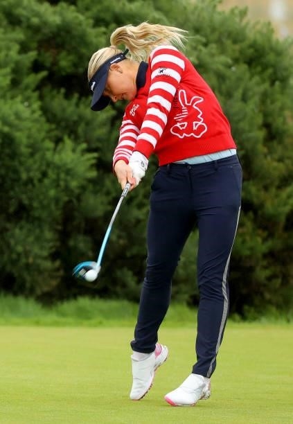 Charley Hull of England on the 9th tee during the first round of the AIG Women's Open at Carnoustie Golf Links on August 19, 2021 in Carnoustie,...
