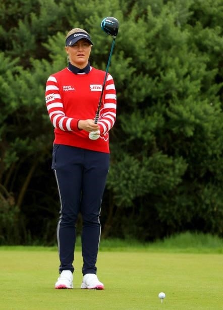 Charley Hull of England on the 9th tee during the first round of the AIG Women's Open at Carnoustie Golf Links on August 19, 2021 in Carnoustie,...