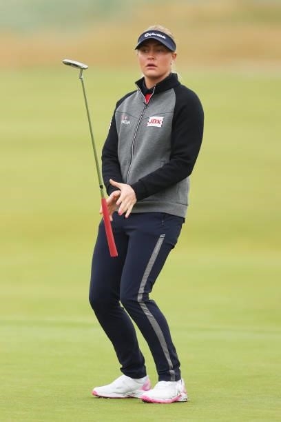 Charley Hull of England reacts following her putt on the seventh hole during Day One of the AIG Women's Open at Carnoustie Golf Links on August 19,...