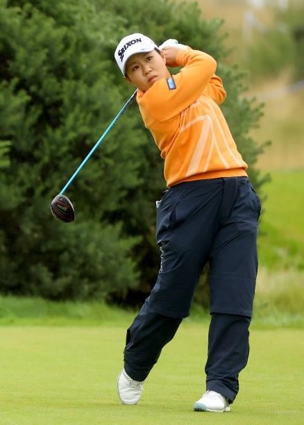 Nasa Hataoka of Japan on the 9th tee during the first round of the AIG Women's Open at Carnoustie Golf Links on August 19, 2021 in Carnoustie,...
